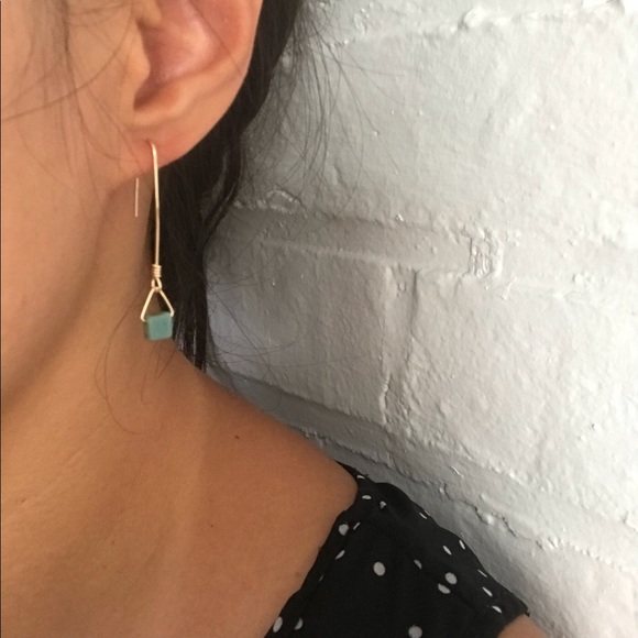 Handmade Dainty Geometric Turquoise Glass Earrings - Picture 4 of 4